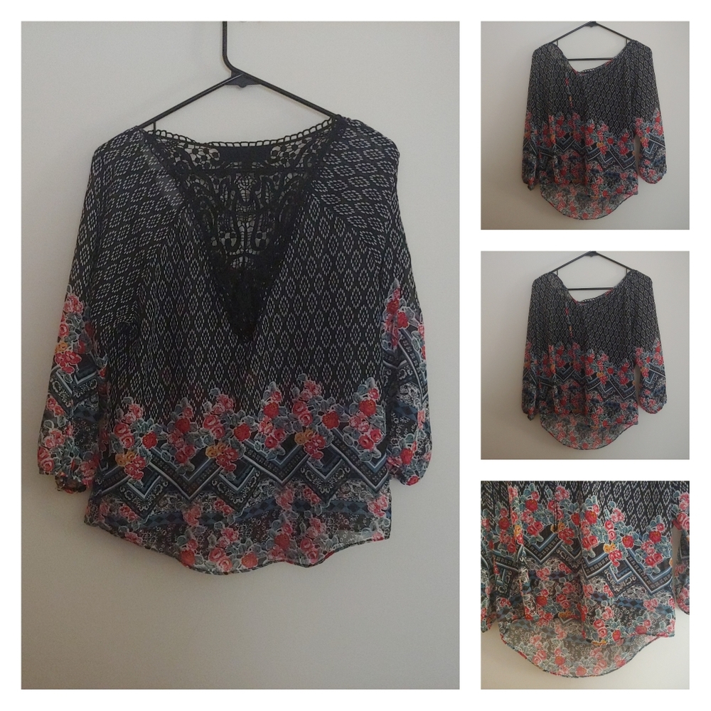3/4 Sleeve Black Chiffon Boho Blouse